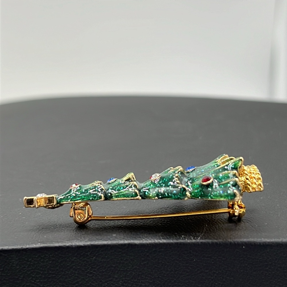 Vintage Eisenberg ice rhinestone green enamel gold tone Christmas tree brooch - Picture 6 of 10